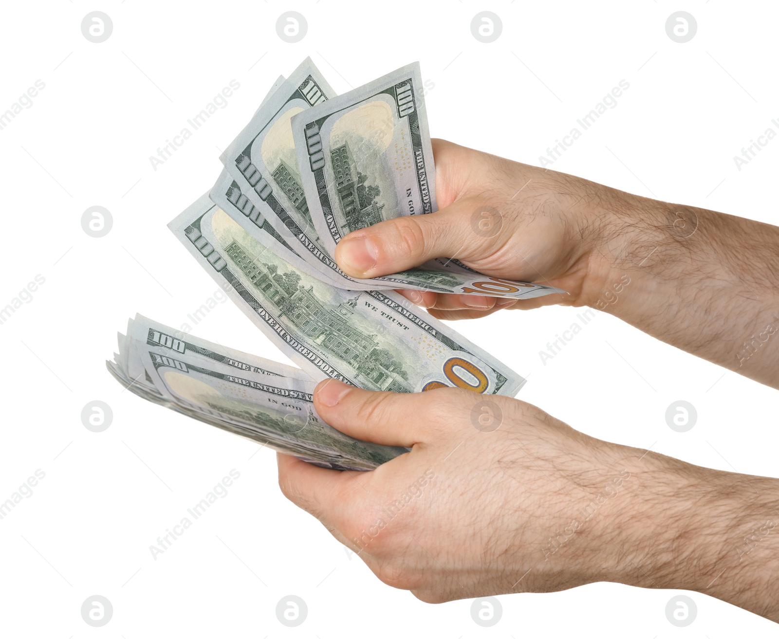 Photo of Man counting American money on white background, closeup