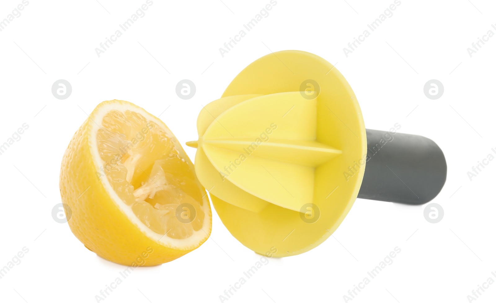 Photo of Citrus reamer and fresh lemon on white background