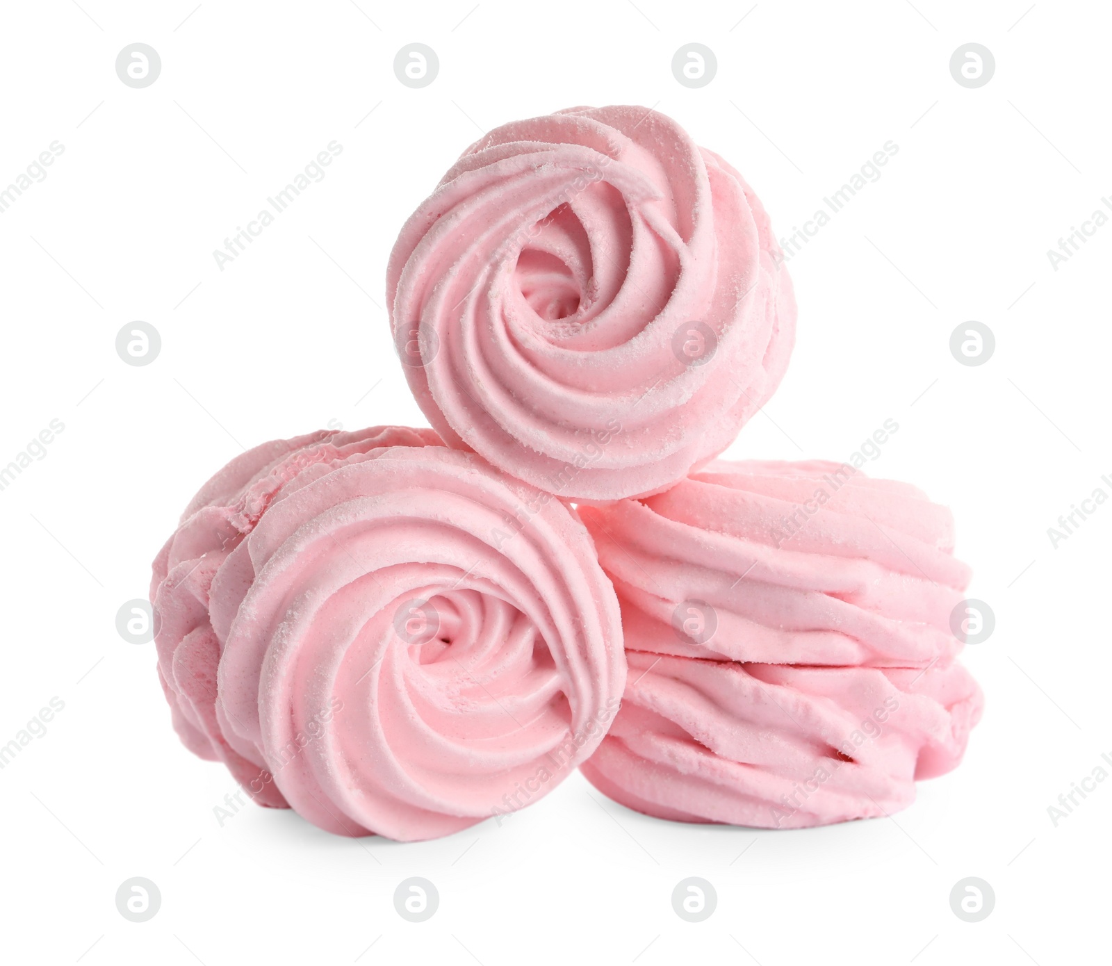 Photo of Many delicious pink zephyrs on white background