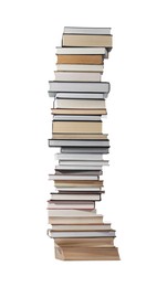 Photo of High stack of many different books isolated on white