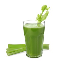 Photo of Glass of celery juice and fresh vegetable on white background