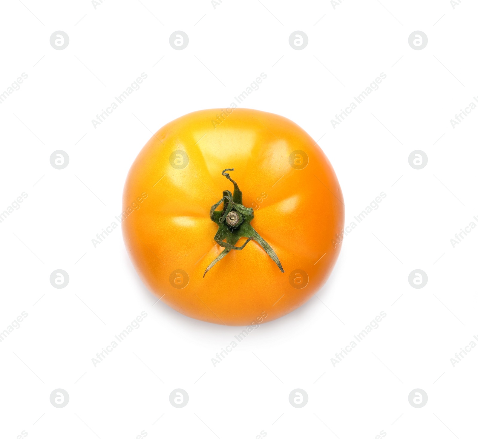 Photo of Fresh ripe yellow tomato on white background, top view