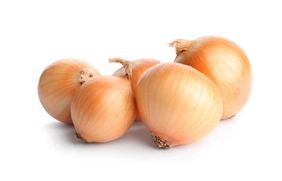 Photo of Fresh ripe onion bulbs on white background