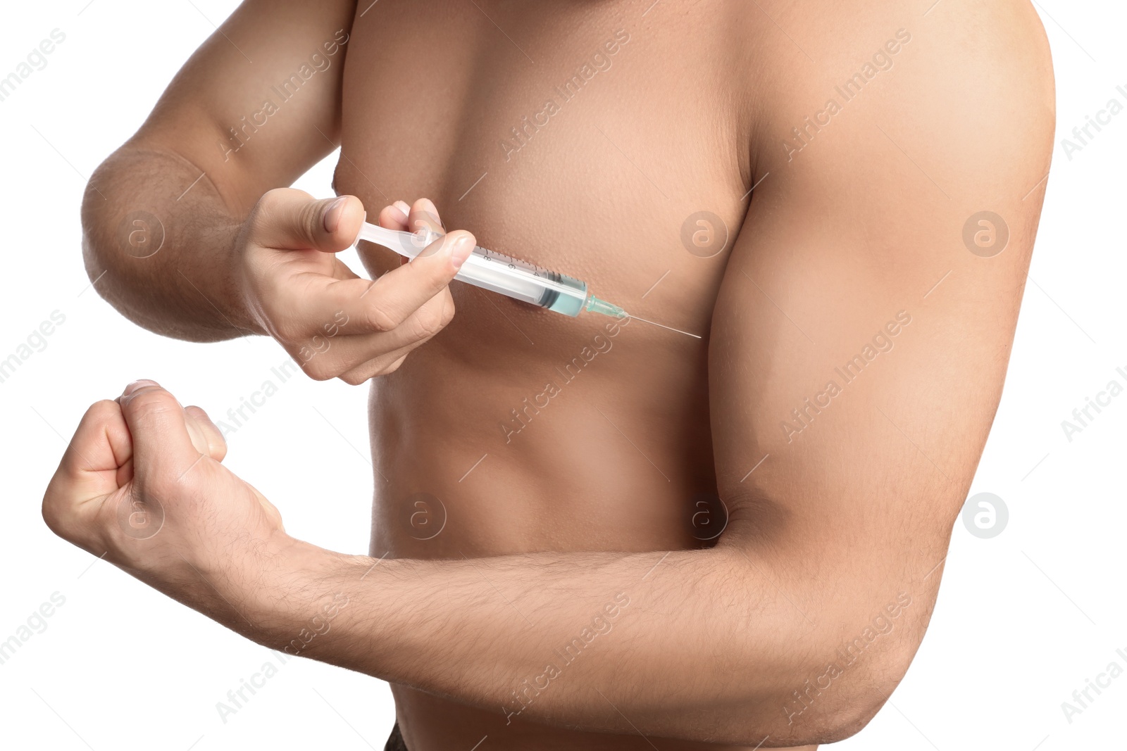 Photo of Athletic man injecting himself on white background, closeup. Doping concept