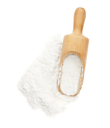 Organic flour and scoop isolated on white, top view