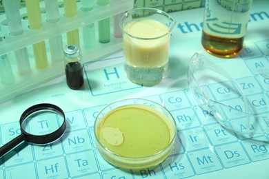 Photo of Different laboratory equipment with liquids and safety glasses on periodic table of chemical elements. Light green tone effect