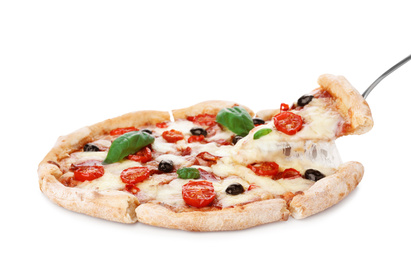 Photo of Taking slice of delicious pizza Diablo on white background