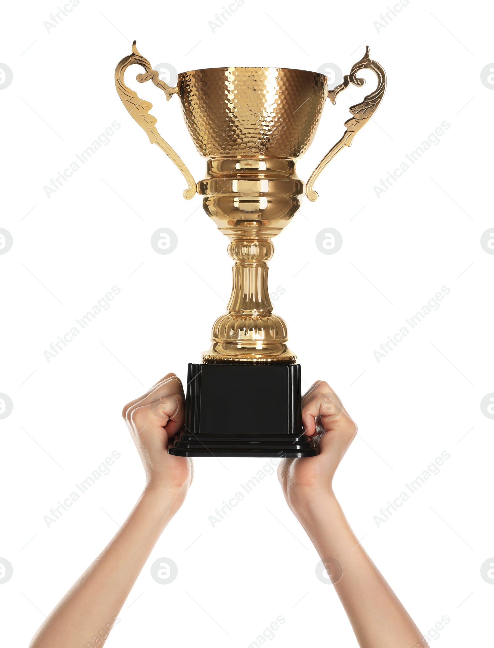 Photo of Young woman holding gold trophy cup on white background, closeup