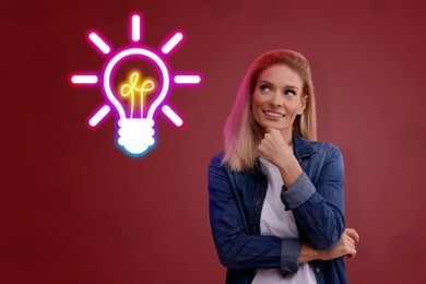 Image of Idea generation. Woman and illustration of glowing light bulb on dark red background