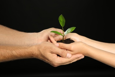 Photo of Woman and man holding soil with green plant in hands on black background. Family concept