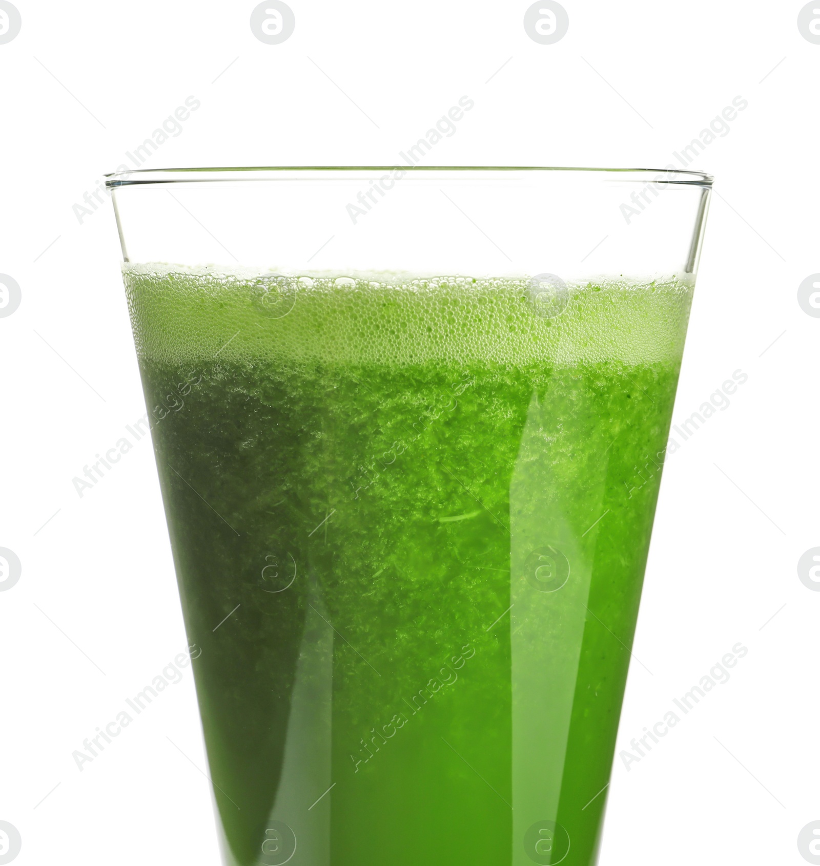 Photo of Glass with delicious detox juice on white background