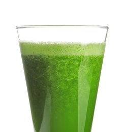 Glass with delicious detox juice on white background