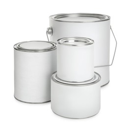 Photo of Closed blank cans of paint isolated on white