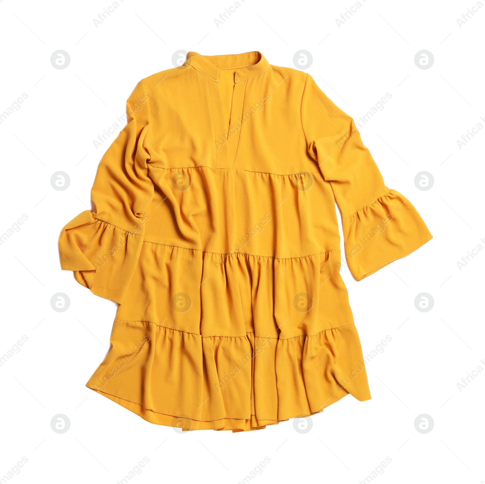 Photo of Beautiful yellow dress isolated on white, top view