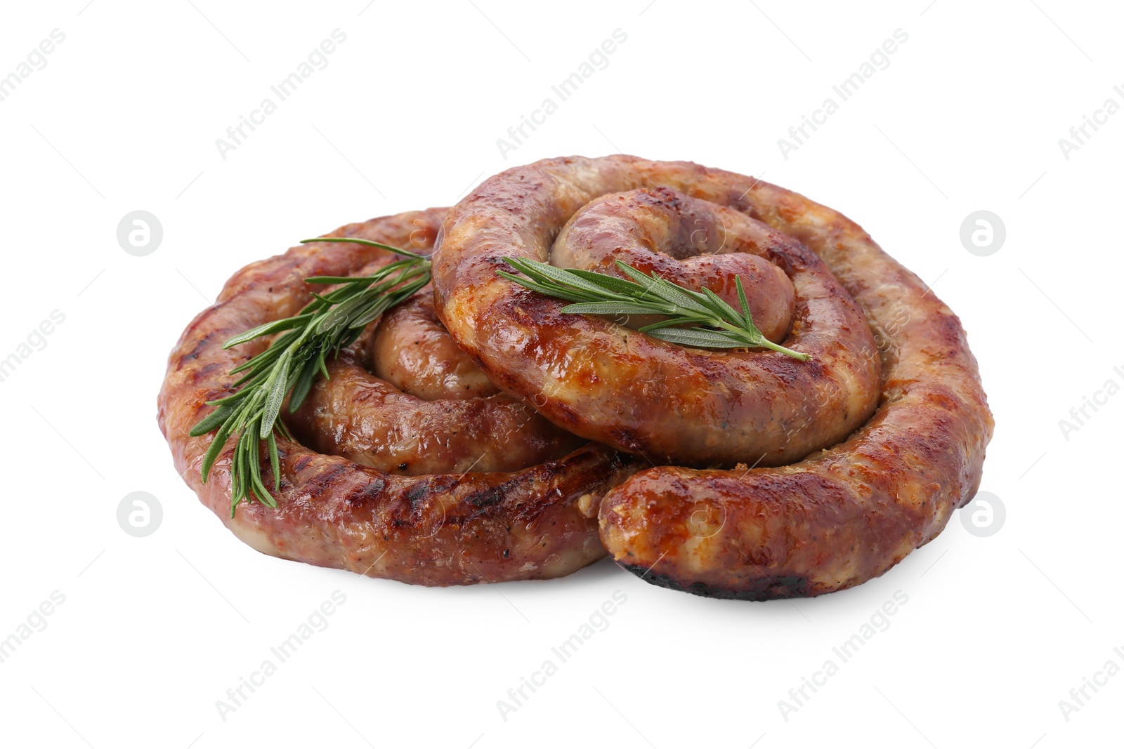 Photo of Delicious homemade sausages with rosemary isolated on white