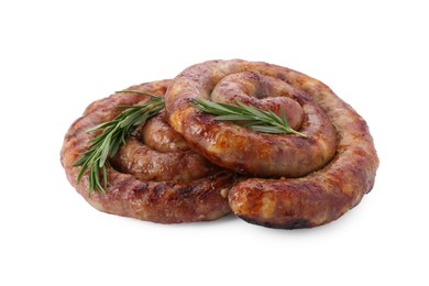 Delicious homemade sausages with rosemary isolated on white