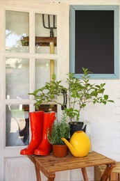 Photo of Potted plants, rubber boots and watering can on wooden table near house. Gardening tools