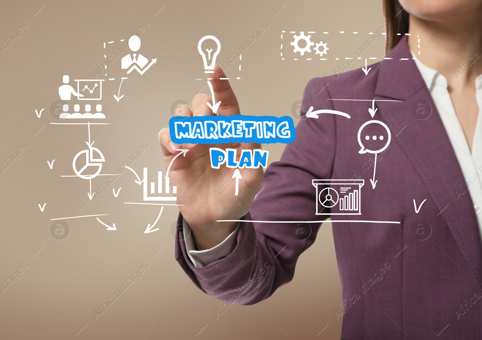 Image of Marketing plan. Businesswoman pointing at virtual screen with different icons, closeup 