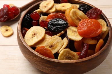 Photo of Mix of delicious dried fruits on white wooden table, closeup