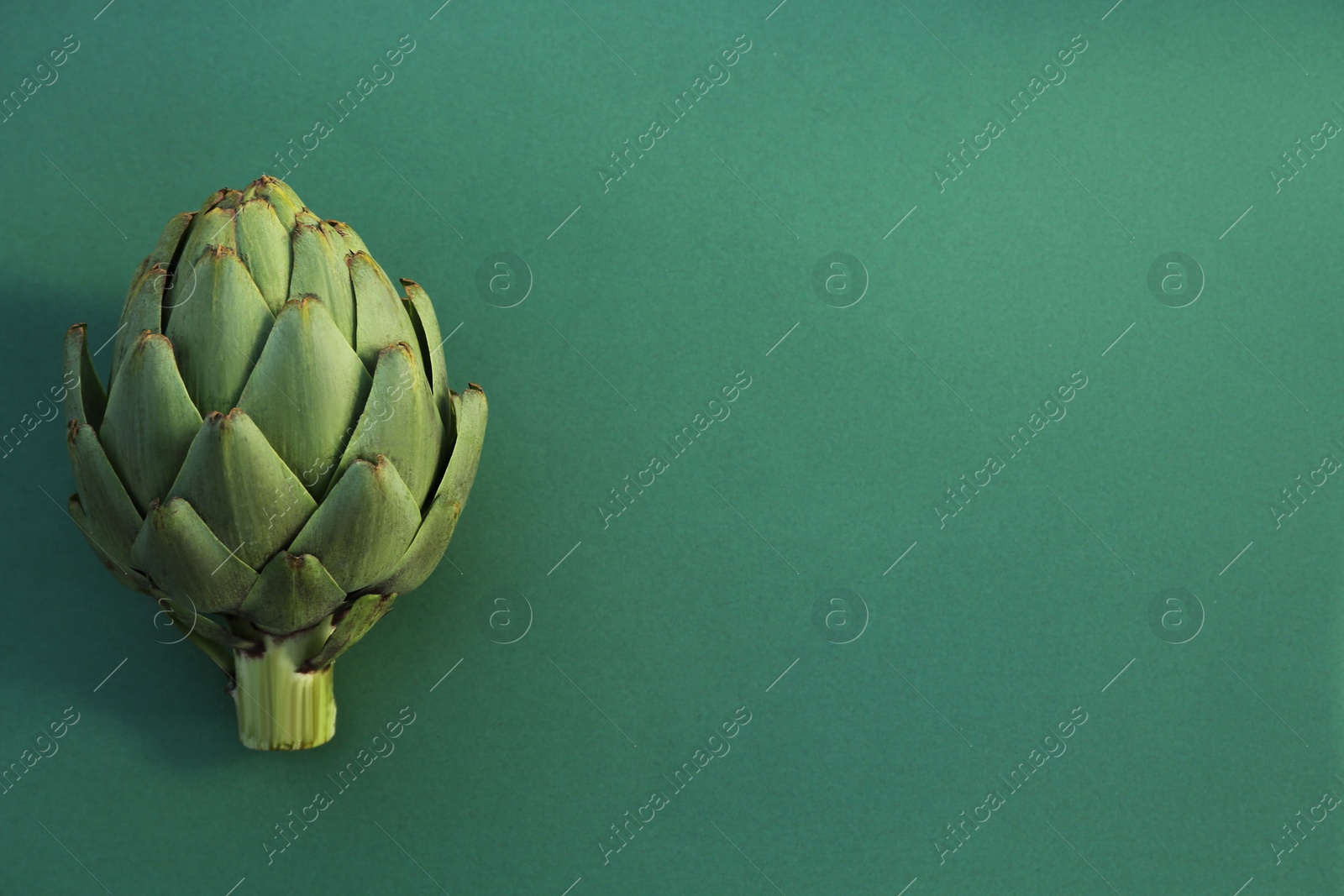 Photo of Whole fresh raw artichoke on green background, top view. Space for text