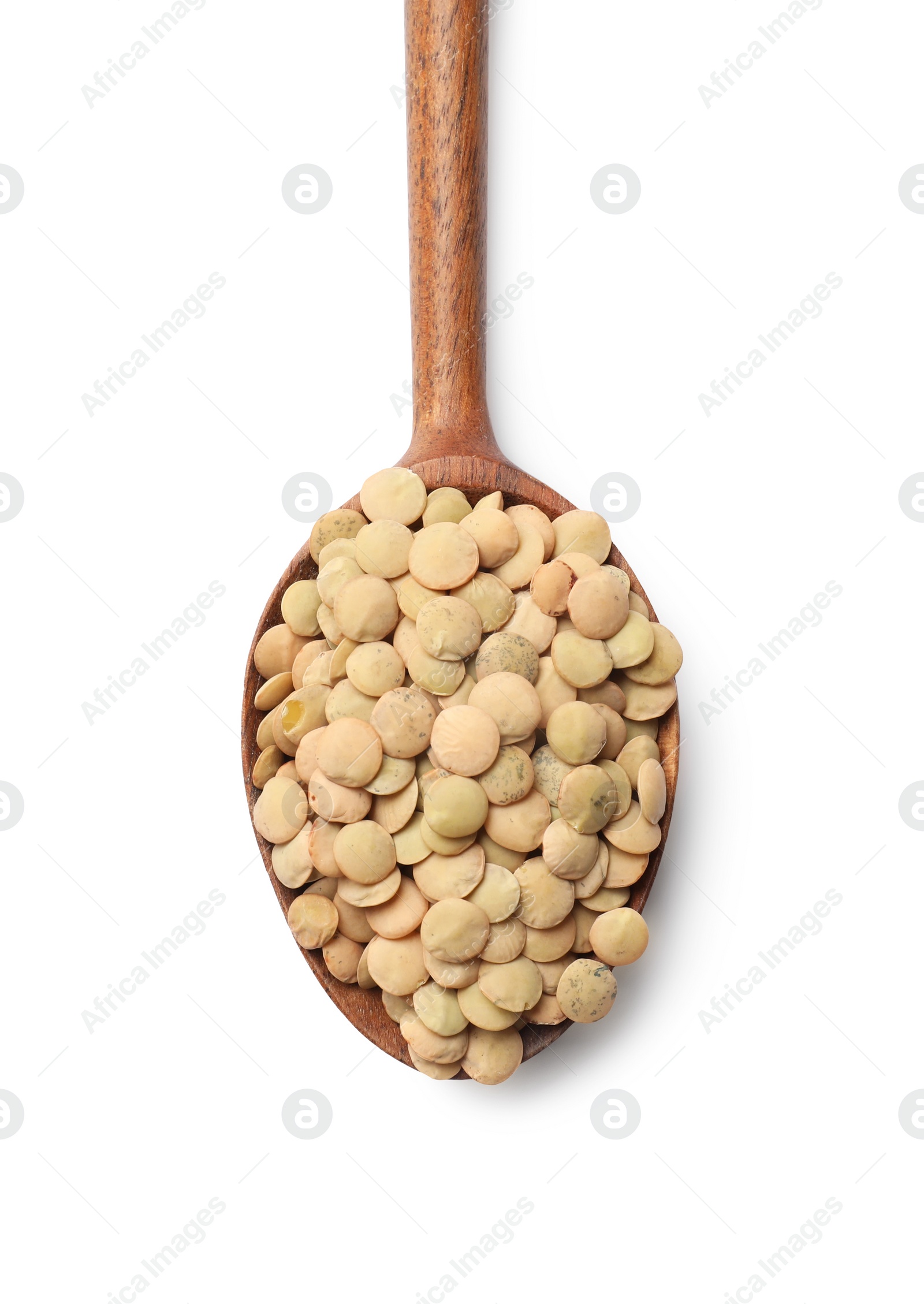 Photo of Spoon with raw lentils isolated on white, top view