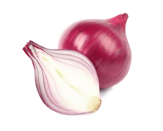 Photo of Fresh whole and cut red onions on white background