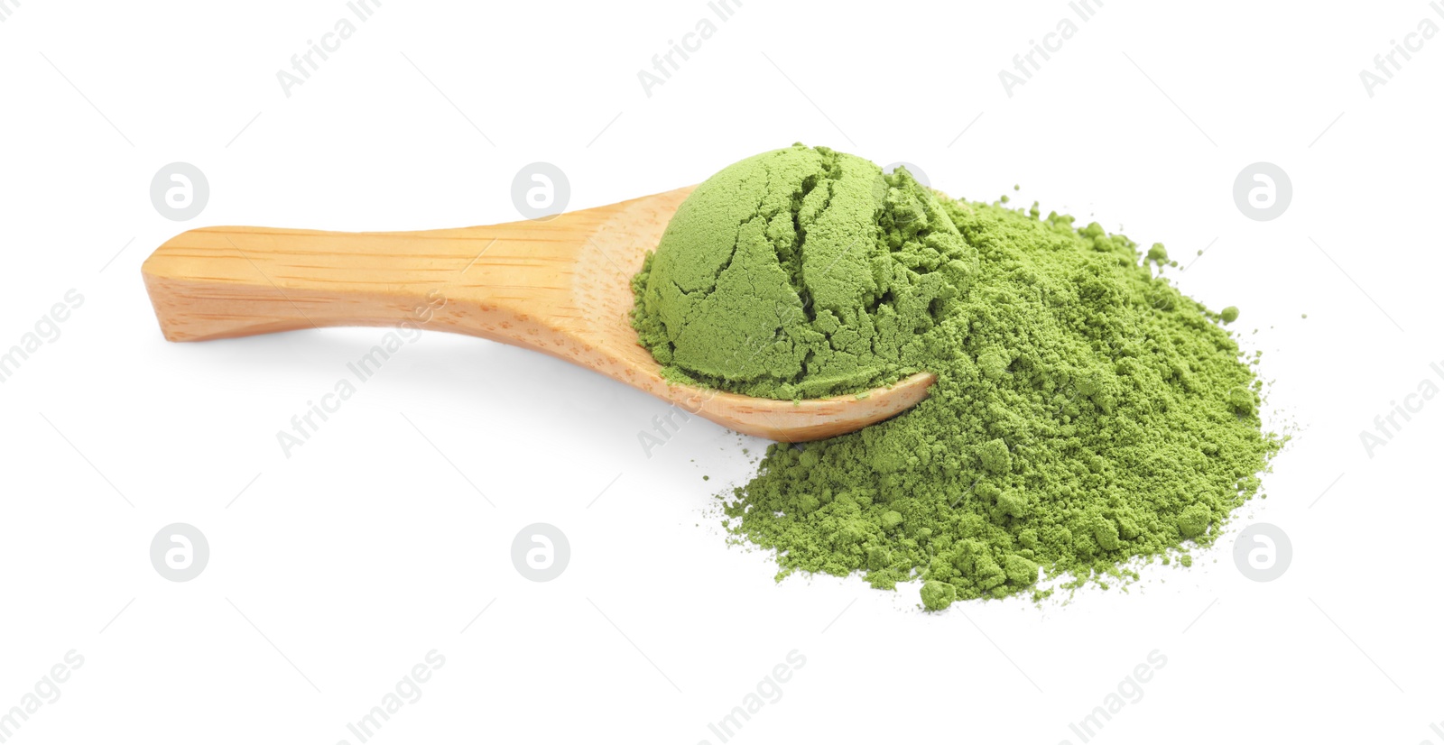 Photo of Wooden spoon with green matcha powder isolated on white