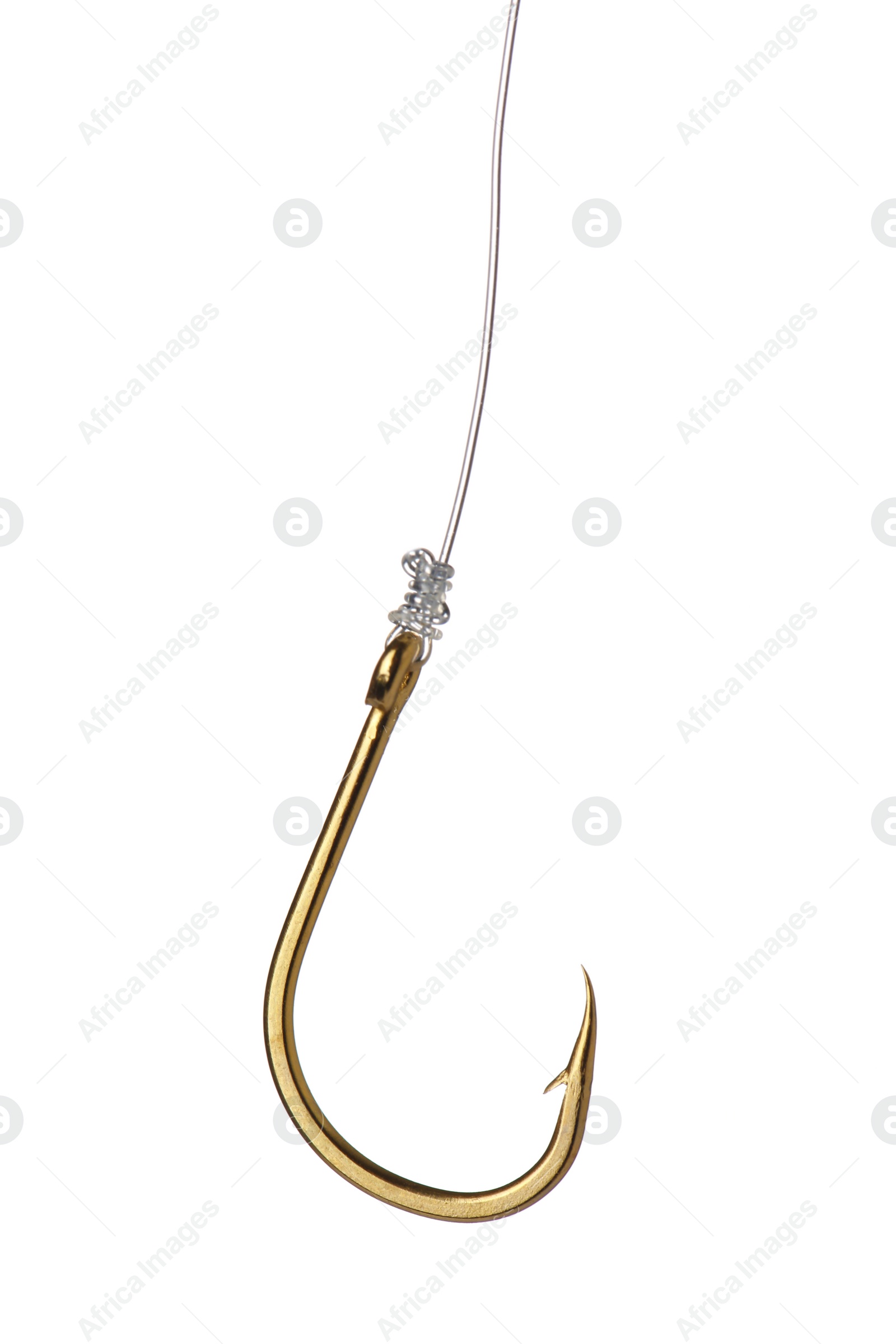 Photo of Fishing hook on white background. Angling equipment