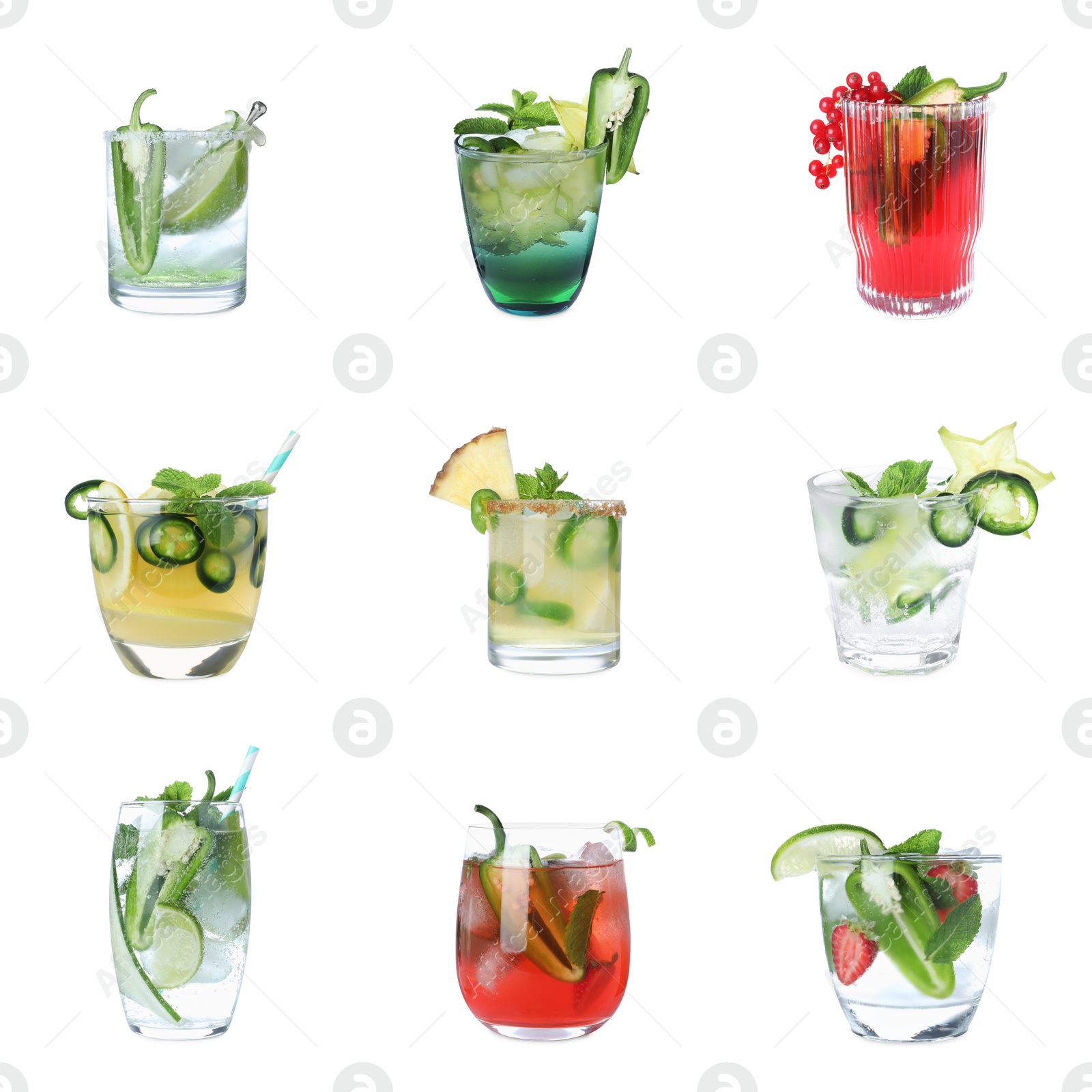 Image of Set of different spicy cocktails with jalapenos on white background