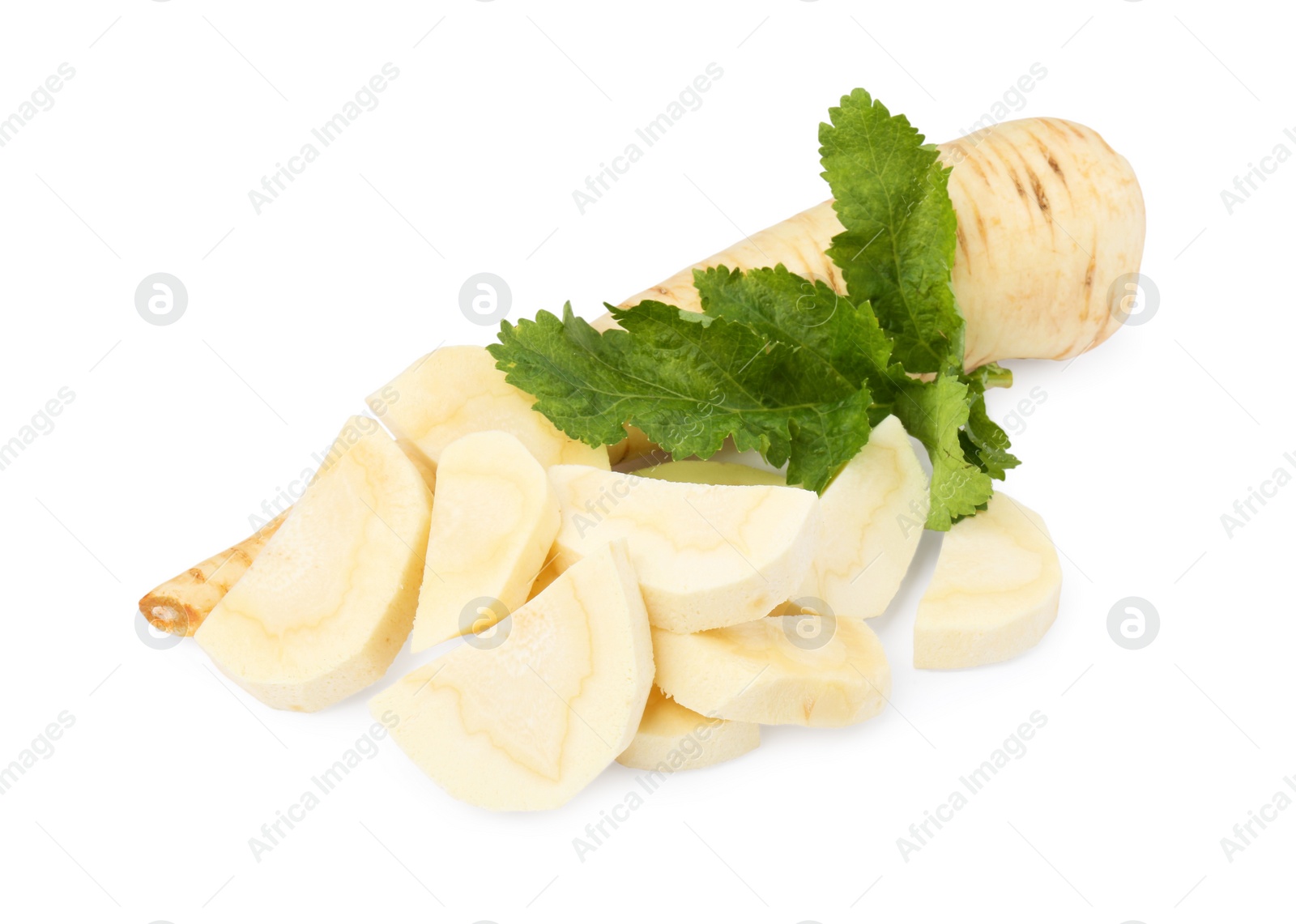 Photo of Tasty fresh ripe parsnips on white background