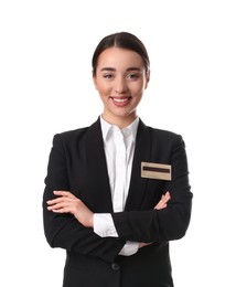 Portrait of happy young receptionist in uniform on white background