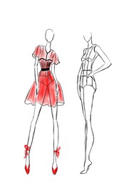 Illustration of Fashion sketch. Models wearing stylish clothes on white background, illustration