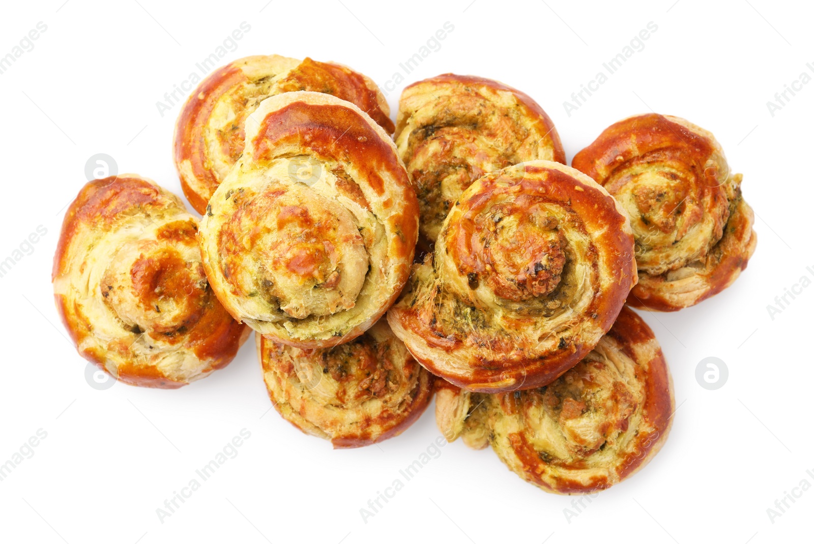 Photo of Fresh delicious puff pastry with tasty filling on white background, top view