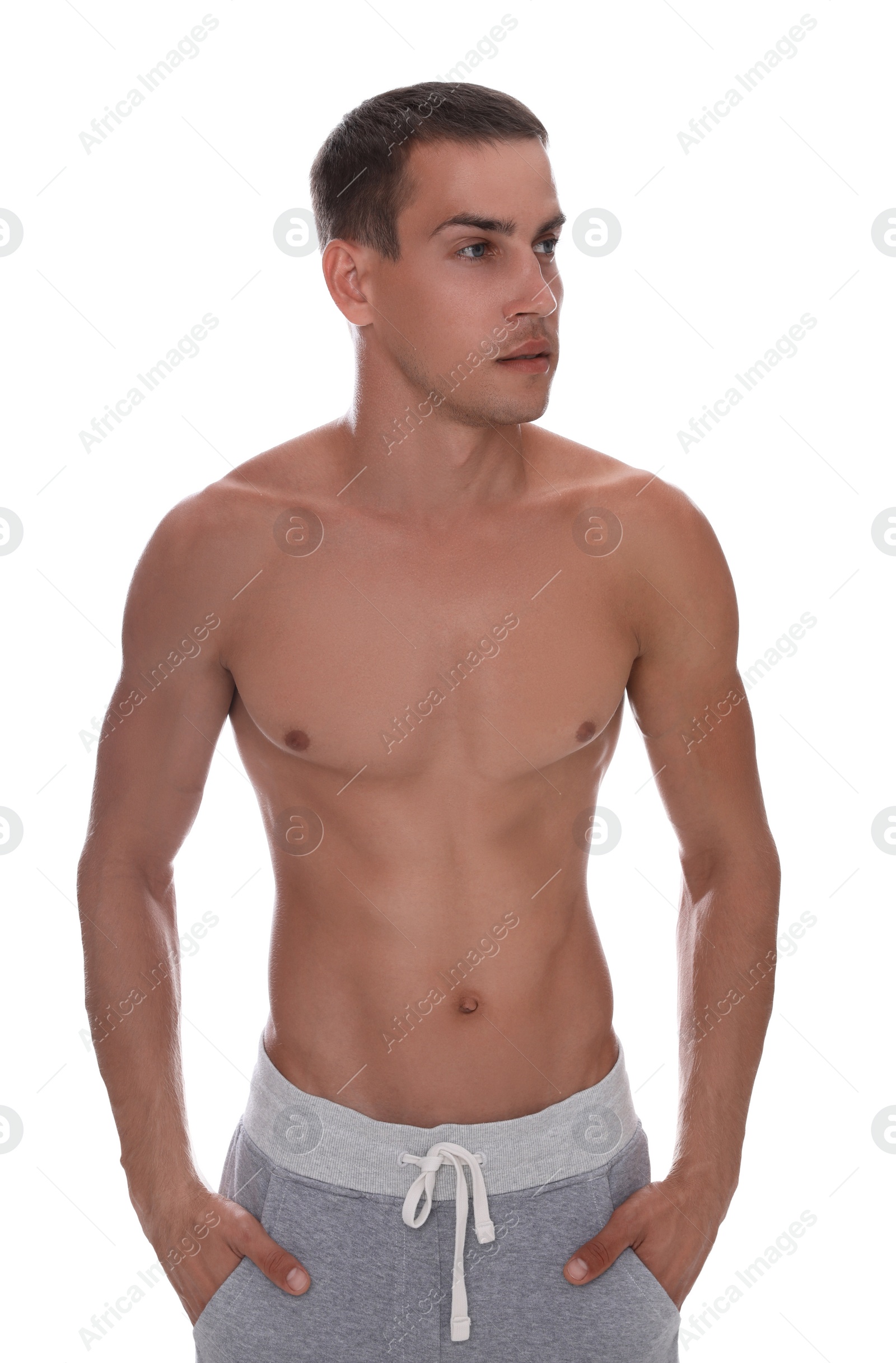 Photo of Handsome shirtless man with slim body isolated on white