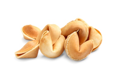 Photo of Traditional homemade fortune cookies on white background