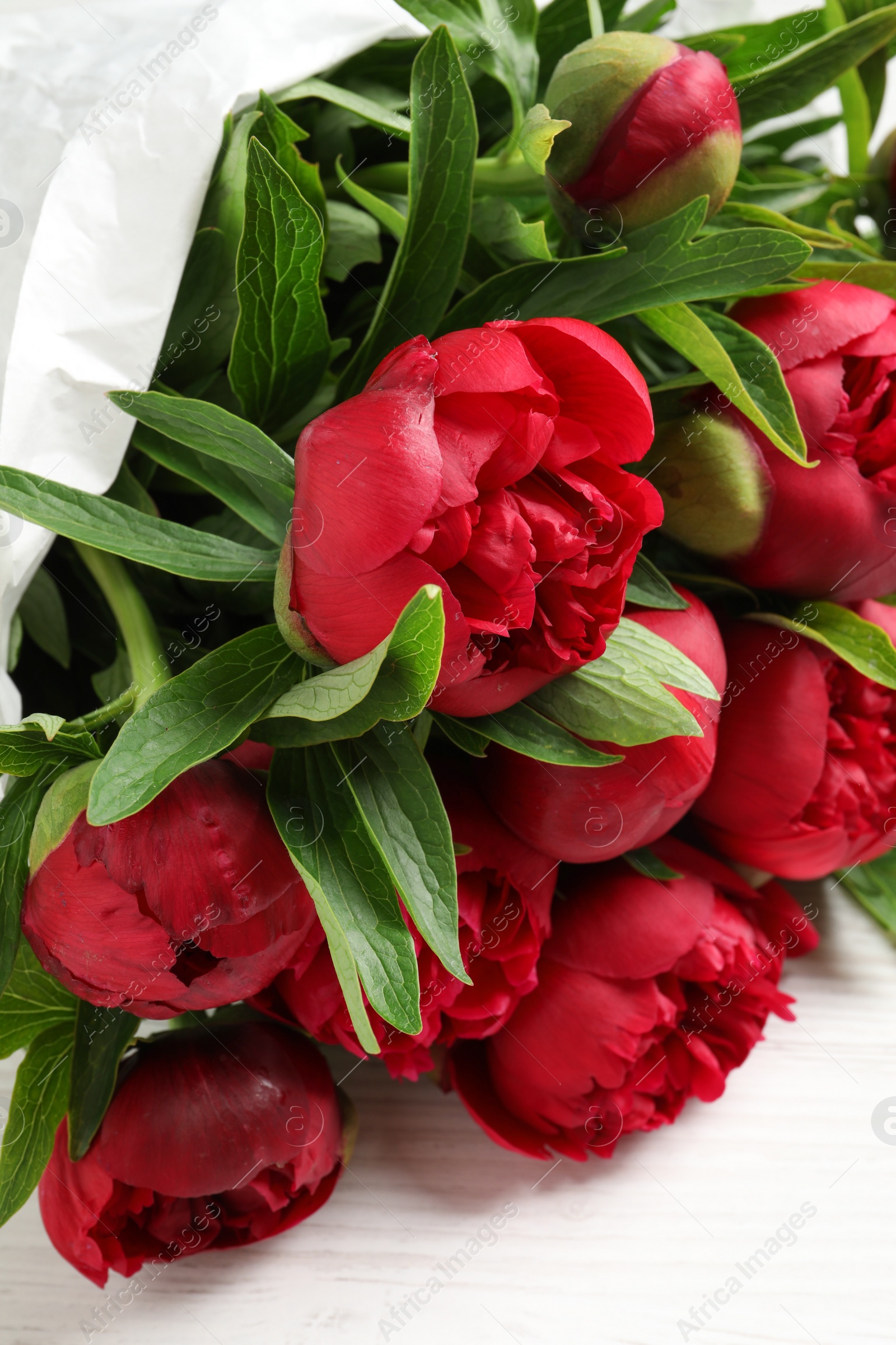 Photo of Beautiful bouquet of red peony flowers on white wooden table, closeup