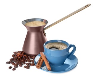 Photo of Hot turkish pot, cup of coffee, beans and spices on white background