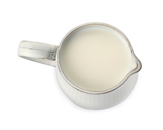 One jug full of fresh milk isolated on white, top view