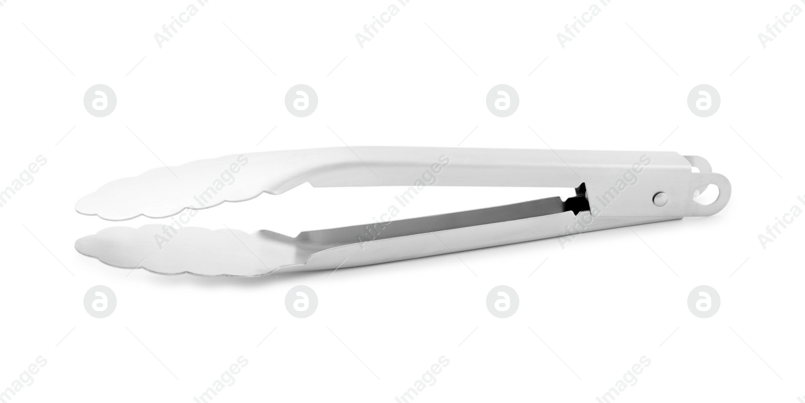 Photo of Metal locking tongs isolated on white. Kitchen utensil