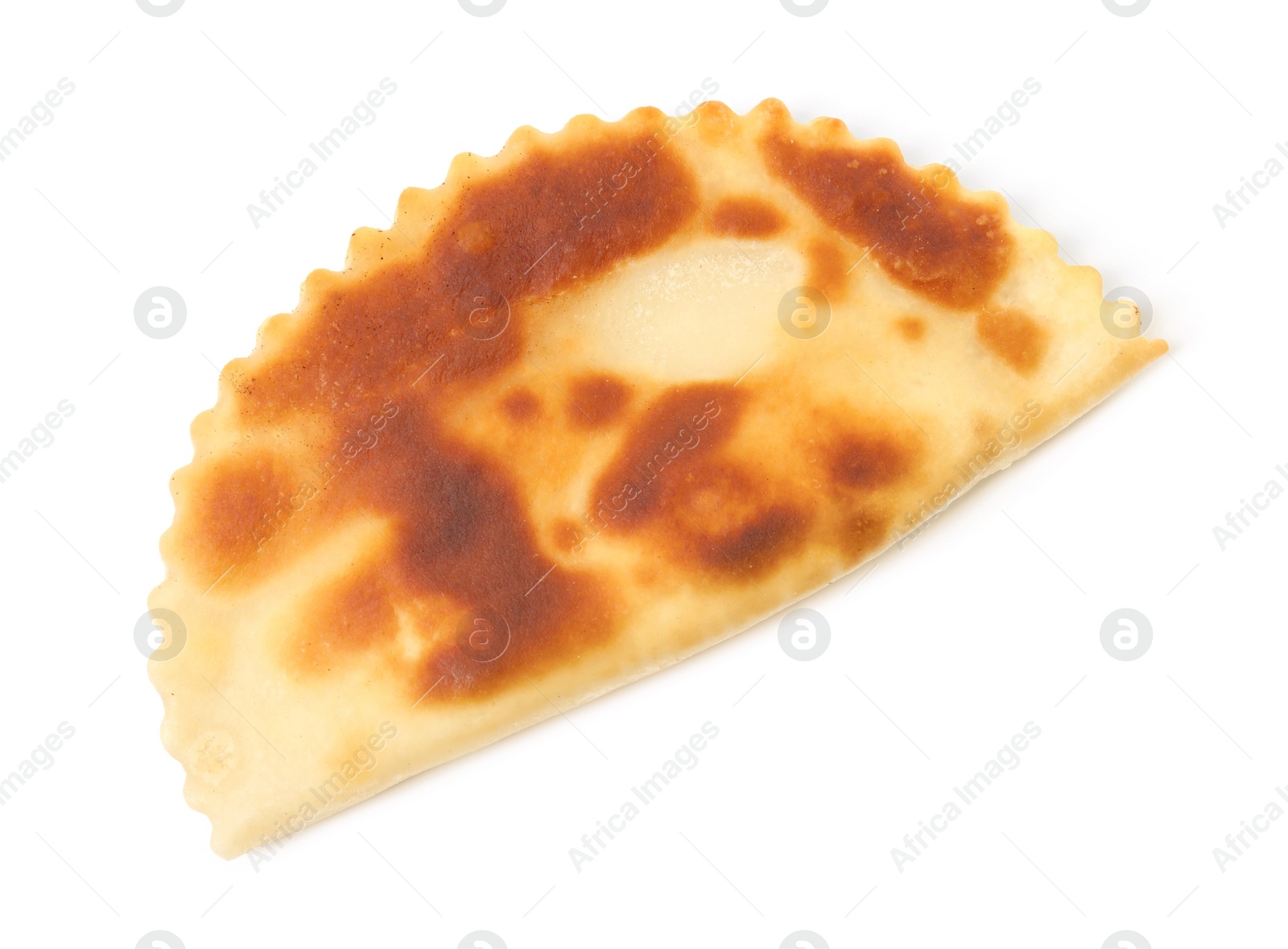 Photo of Delicious fried cheburek isolated on white, top view. Traditional pastry