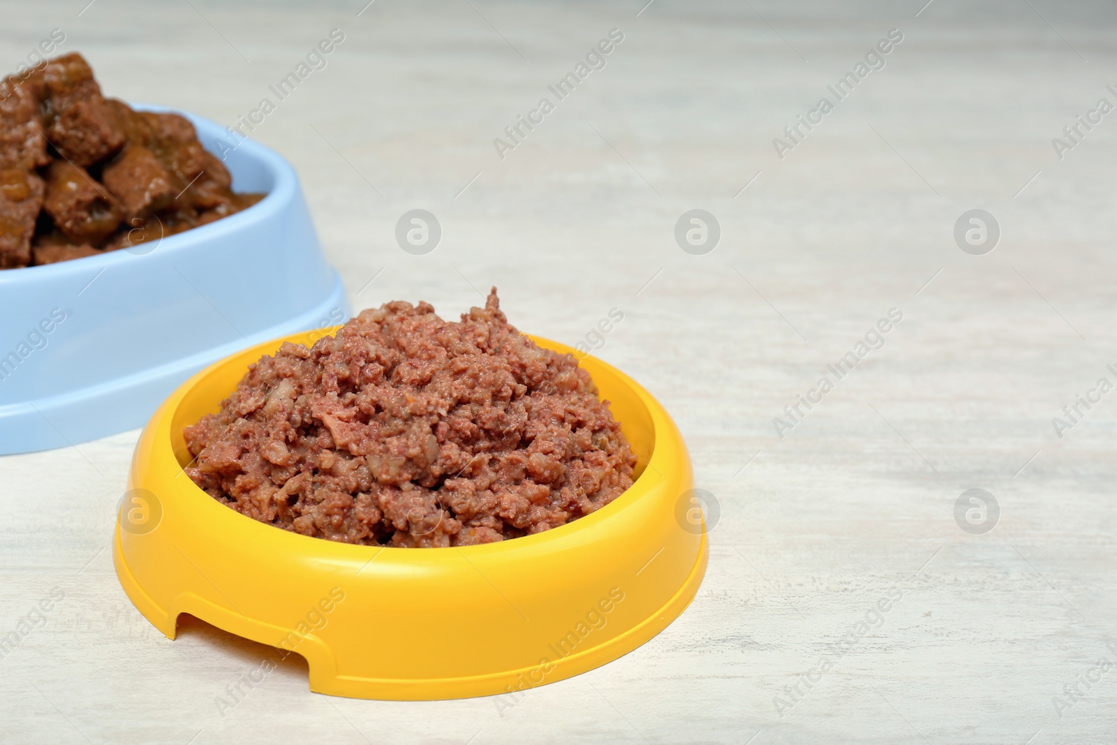 Photo of Different pet food in feeding bowls on white table. Space for text