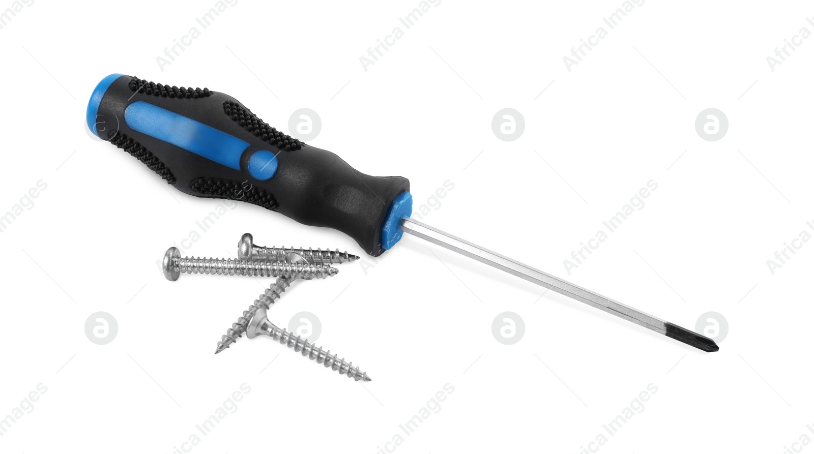 Photo of Screwdriver with black handle and screws isolated on white, top view