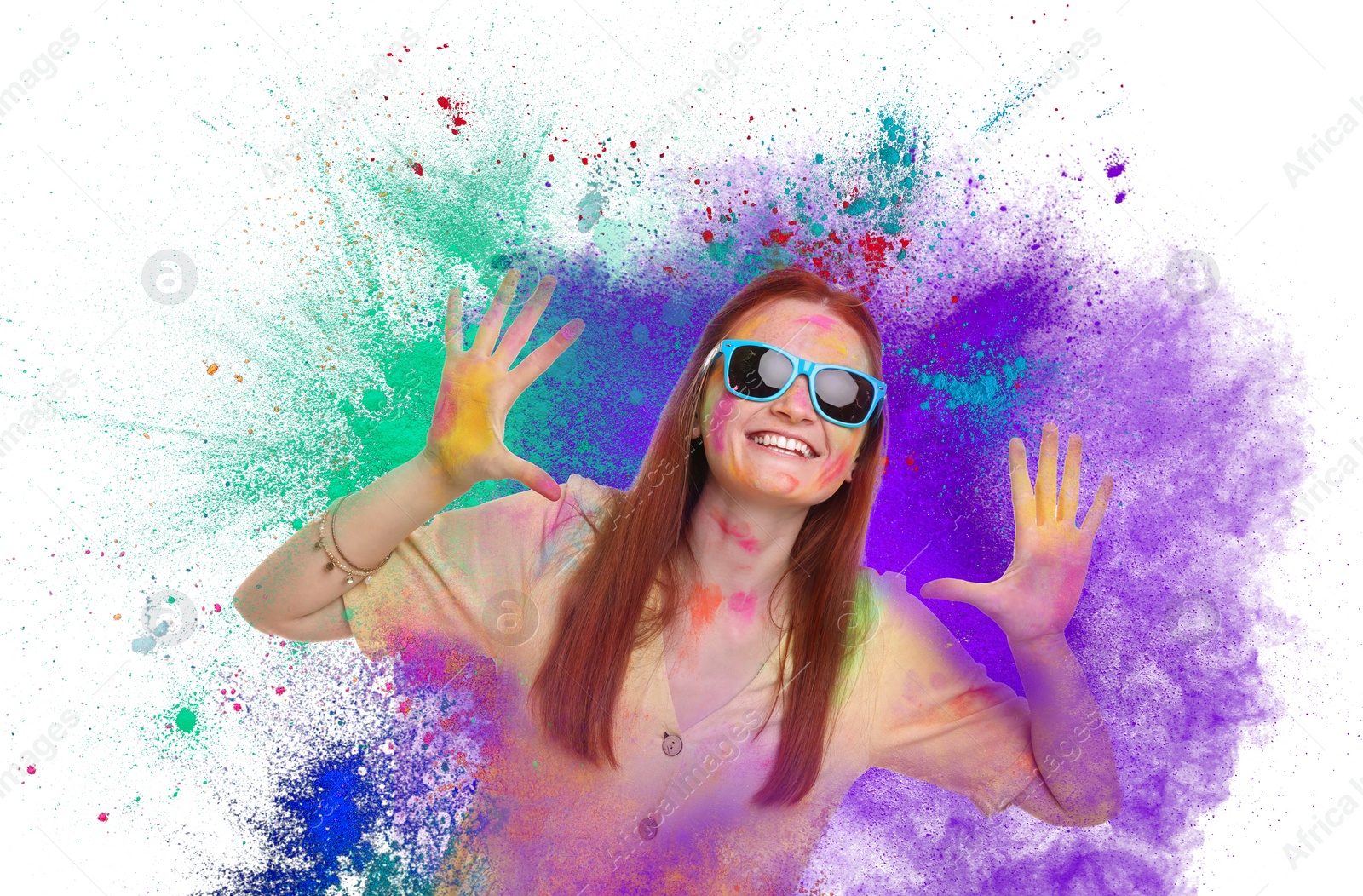 Image of Holi festival celebration. Happy woman covered with colorful powder dyes on white background