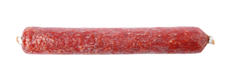 Photo of Tasty sausage on white background. Meat product