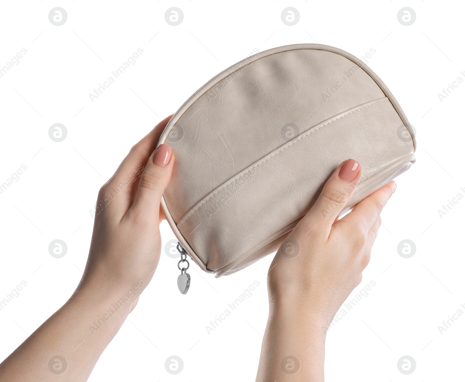 Photo of Woman with cosmetic bag isolated on white, closeup