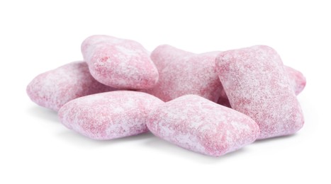 Photo of Tasty pink bubble gums isolated on white