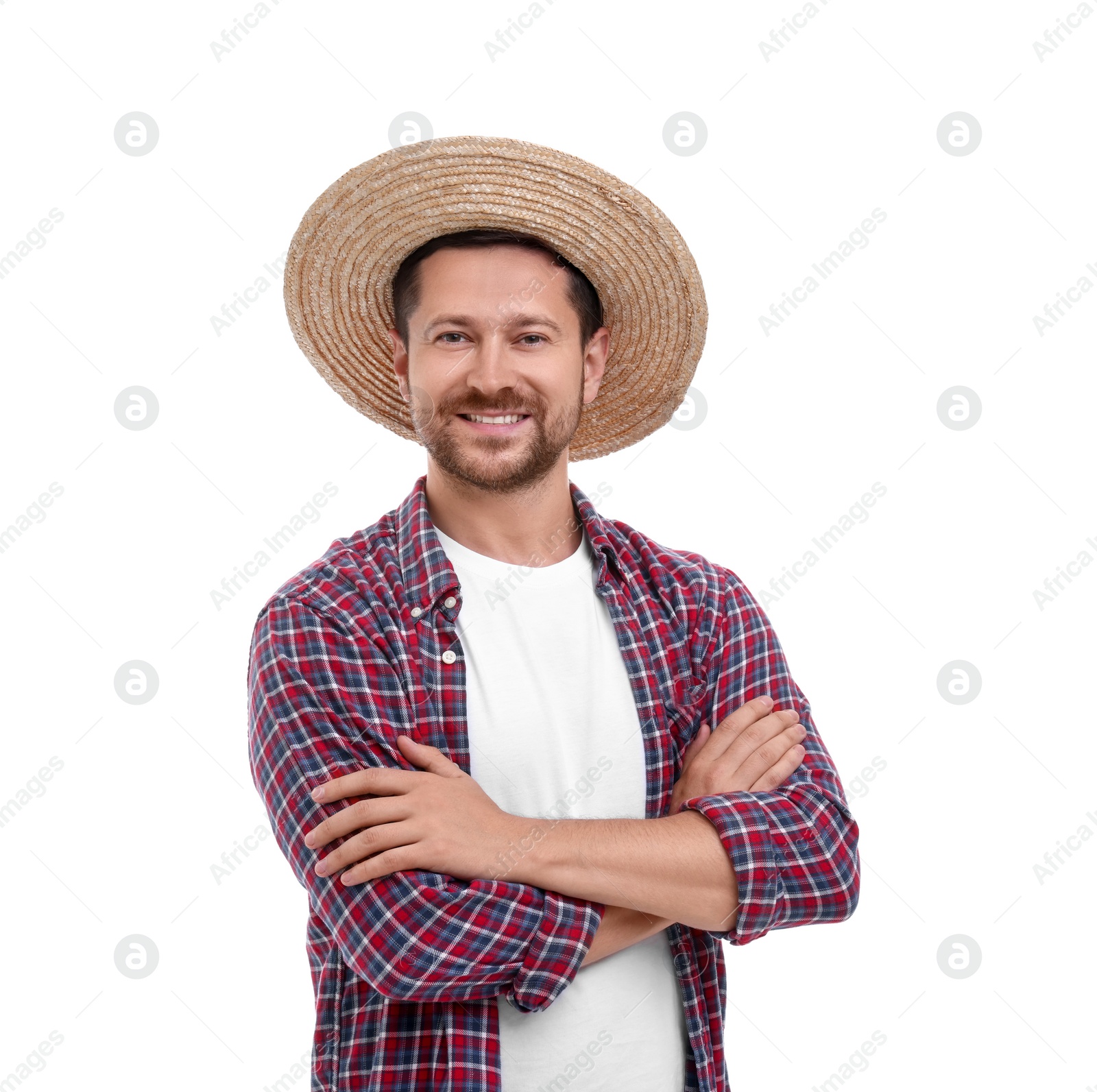 Photo of Happy farmer with crossed arms on white background. Harvesting season