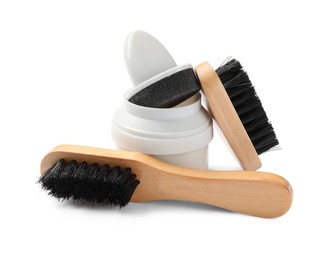 Shoe care accessories on white background. Footwear clean item
