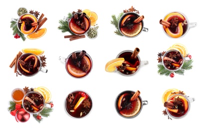 Image of Set of aromatic mulled wine on white background, top view