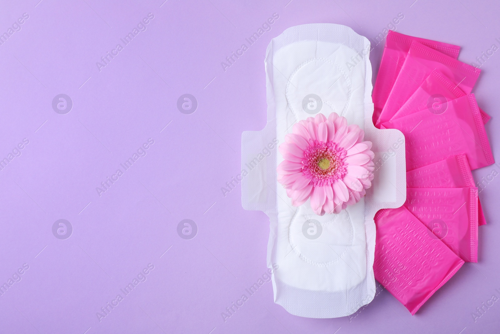 Photo of Menstrual pads and flower on color background, flat lay with space for text. Gynecological care